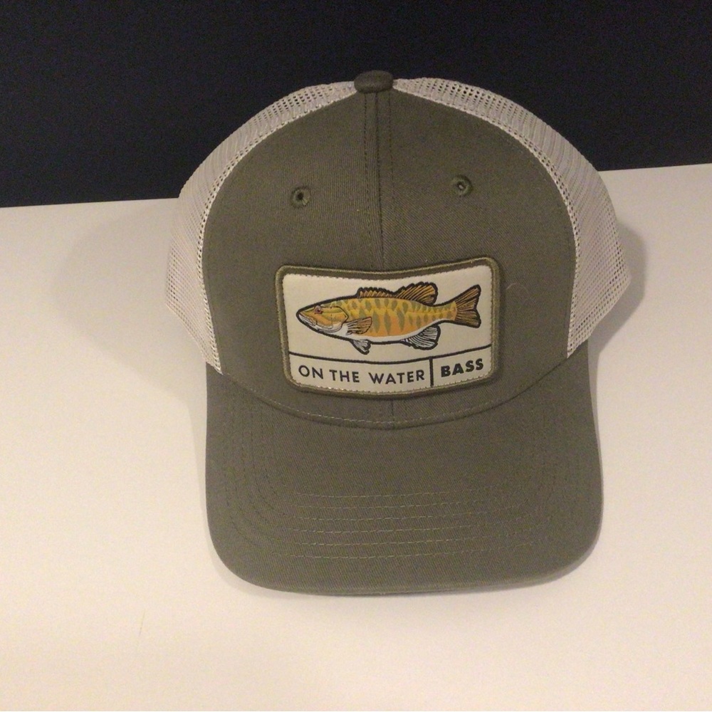 On The Water Bass Fishing Trucker Baseball Hat. New. Adjustable. Olive/lt olive